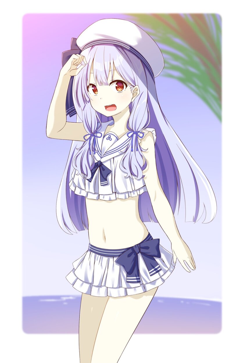 1girl :d alternate_costume alternate_hairstyle beach bikini bikini_skirt blue_hair blue_ribbon blunt_bangs blunt_ends border bow chaakusu cowboy_shot frilled_bikini frilled_slingshot_swimsuit frills hand_up hat hat_bow hat_ribbon highres holding holding_own_hair horizon kotonoha_aoi long_hair looking_at_viewer low-tied_sidelocks ocean open_mouth outside_border red_eyes ribbon rounded_corners sailor_collar sailor_hat sidelocks smile solo standing sunlight swimsuit teeth upper_teeth_only voiceroid white_border white_hat white_sailor_collar