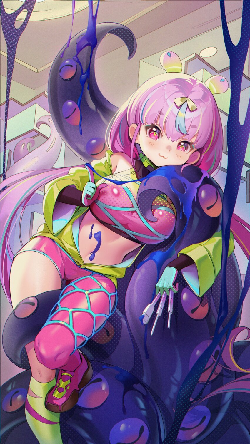1girl :3 absurdres asymmetrical_legwear breasts commentary_request foot_out_of_frame girls&#039;_frontline girls&#039;_frontline_neural_cloud green_jacket highres jacket large_breasts looking_at_viewer majiang navel open_clothes open_jacket pink_eyes pink_hair puzzle_(neural_cloud) slime_(substance) smile solo tentacles