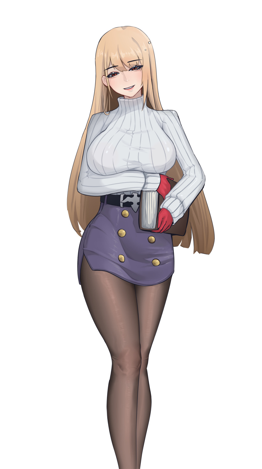 1girl absurdres belt blonde_hair book breasts brown_eyes brown_pantyhose ccga17 feet_out_of_frame gloves highres holding holding_book iowa_(warship_girls_r) large_breasts long_hair long_legs long_sleeves looking_at_viewer pantyhose pencil_skirt red_gloves ribbed_sweater simple_background skirt smile solo standing sweater very_long_hair warship_girls_r white_background