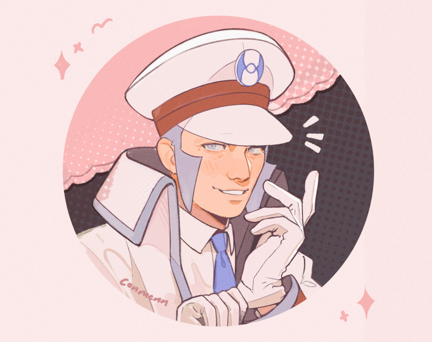 1boy black_background blue_necktie coat collared_shirt conmenn_art emmet_(pokemon) glove_pull gloves grey_eyes grey_hair hat highres light_blush looking_at_viewer male_focus necktie nintendo open_mouth pink_background pokemon pokemon_bw shirt short_hair sideburns smile sparkle white_coat white_gloves white_hat white_shirt