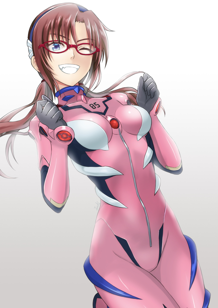 1girl alternate_breast_size black_hairband bodysuit breasts breasts_apart brown_hair floating_hair glasses gloves gradient_background grey_background grey_gloves grin hairband highres ivuki leg_up long_hair low_twintails makinami_mari_illustrious mecha_pilot_suit neon_genesis_evangelion one_eye_closed pink_bodysuit plugsuit_(evangelion) rebuild_of_evangelion red-framed_eyewear small_breasts smile solo twintails white_background