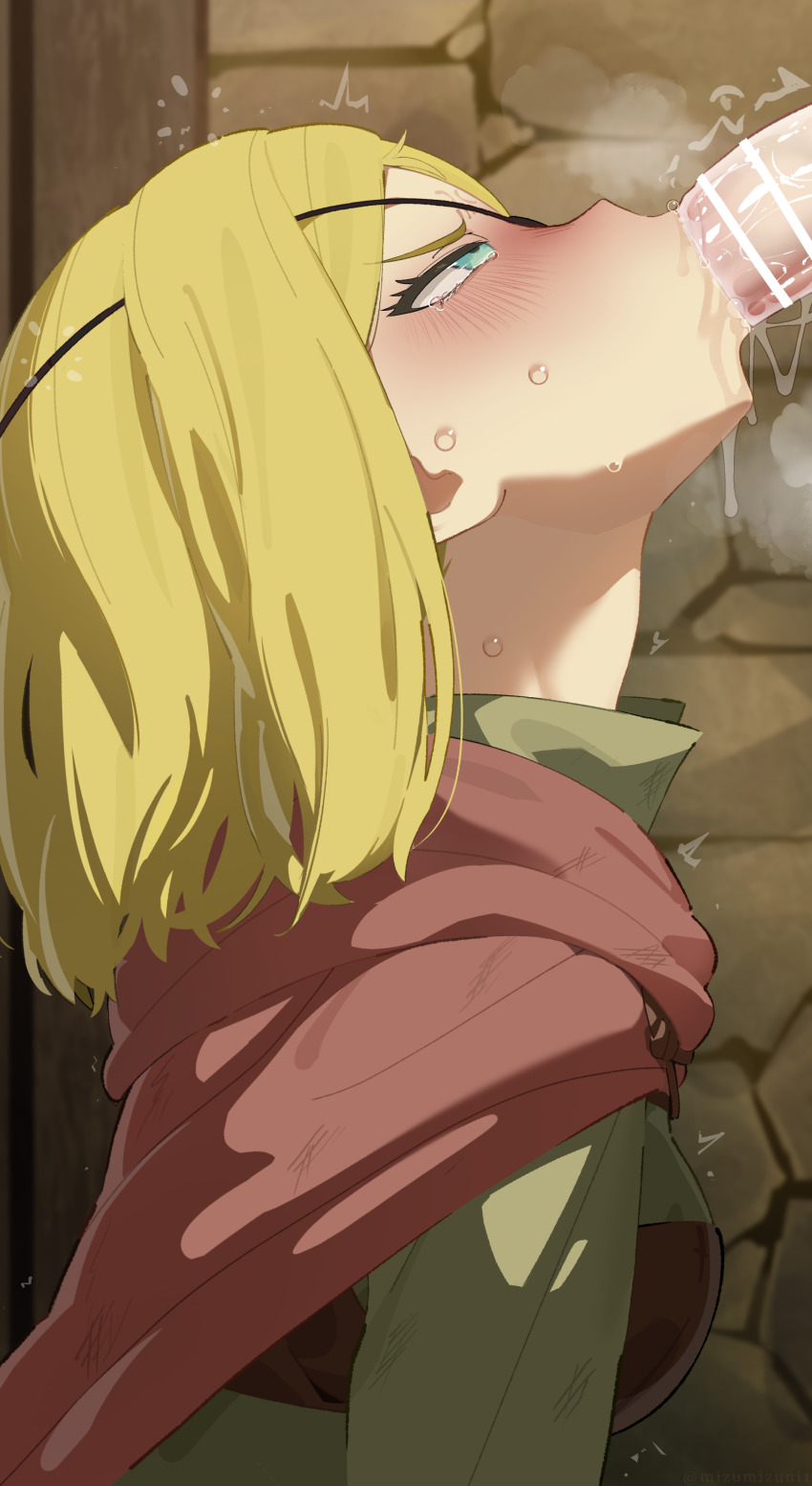 1boy 1girl absurdres alicia_glenfall aqua_eyes bar_censor blonde_hair blush breasts cape censored clevatess:_majuu_no_ou_to_akago_to_shikabane_no_yuusha fellatio green_shirt hetero highres long_sleeves medium_breasts mizumizuni oral red_cape shirt short_hair solo_focus sweat tears