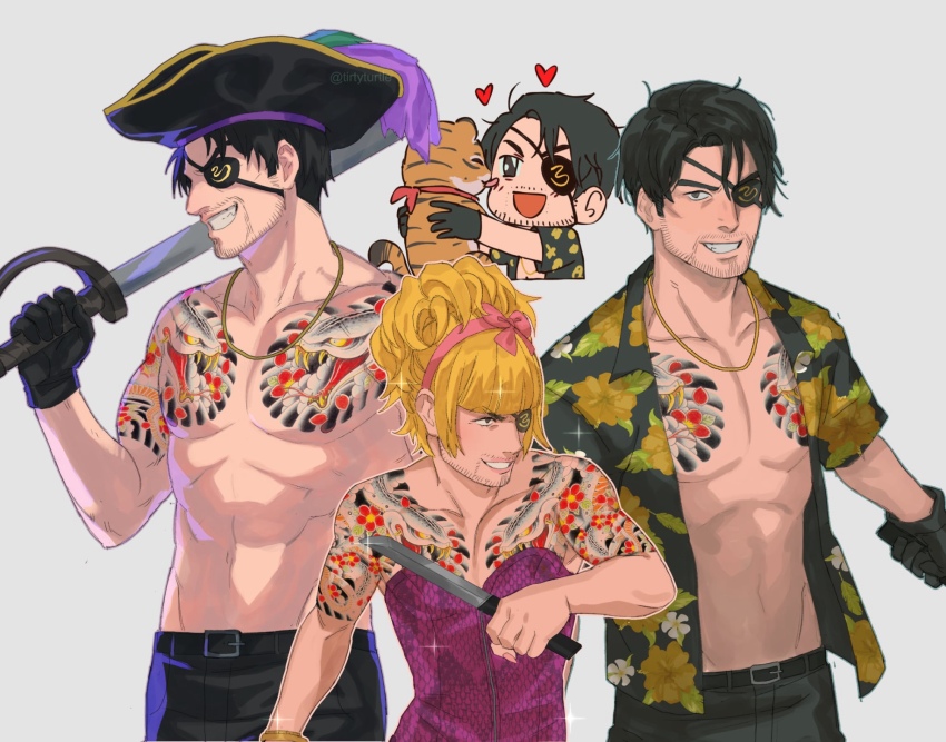 1boy :d animal beard_stubble black_gloves black_hair black_shirt blonde_hair blunt_bangs chibi chibi_inset commentary crossdressing english_commentary eyepatch facial_hair gloves goatee_stubble goromi grey_background grey_eyes grin hairband hat hawaiian_shirt heart highres holding holding_animal holding_knife holding_sword holding_weapon irezumi jewelry knife looking_at_viewer majima_goro male_focus multiple_views necklace open_clothes open_mouth open_shirt pink_hairband pirate_hat ryuu_ga_gotoku_(series) ryuu_ga_gotoku_8_gaiden shirt short_hair simple_background smile stubble sword tattoo tirtyturtle topless_male tricorne weapon wig
