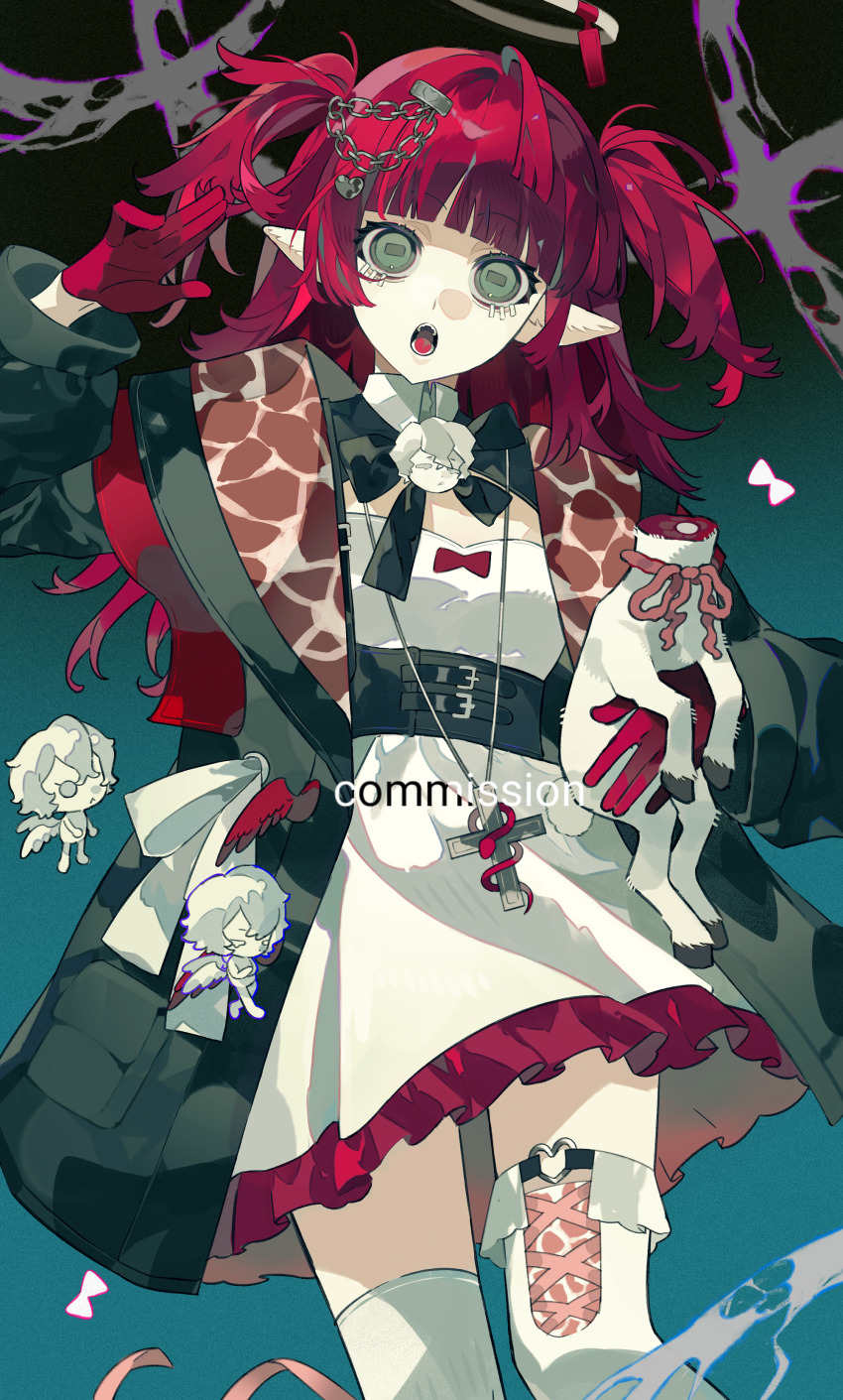 1girl absurdres black_bow black_bowtie black_jacket bow bowtie chain commission cowboy_shot cross cross_necklace dress frilled_dress frills gloves grey_eyes highres jacket jewelry jinzhangde_piku long_hair long_sleeves mihuashi_commission necklace open_mouth original pink_frills pink_gloves pink_hair pointy_ears red_gloves solo thighhighs white_dress white_thighhighs