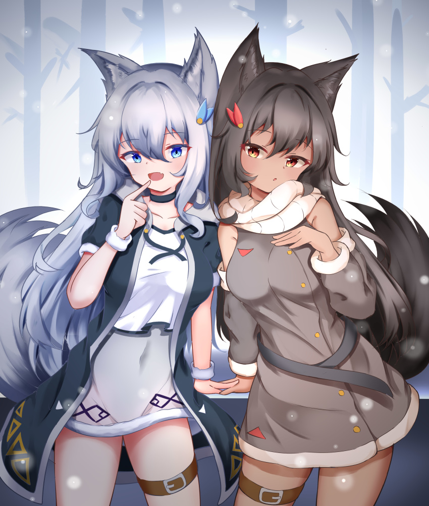 2girls :d :o absurdres animal_ears black_hair blue_hair breasts dark-skinned_female dark_skin detached_sleeves dress fang fur-trimmed_dress fur_trim highres hood hood_down hoodie juiceneko light_blue_hair long_hair long_sleeves looking_at_viewer medium_breasts multiple_girls open_mouth orange_eyes original scarf shirt short_sleeves skin_fang skirt smile tail thigh_strap tree wristband