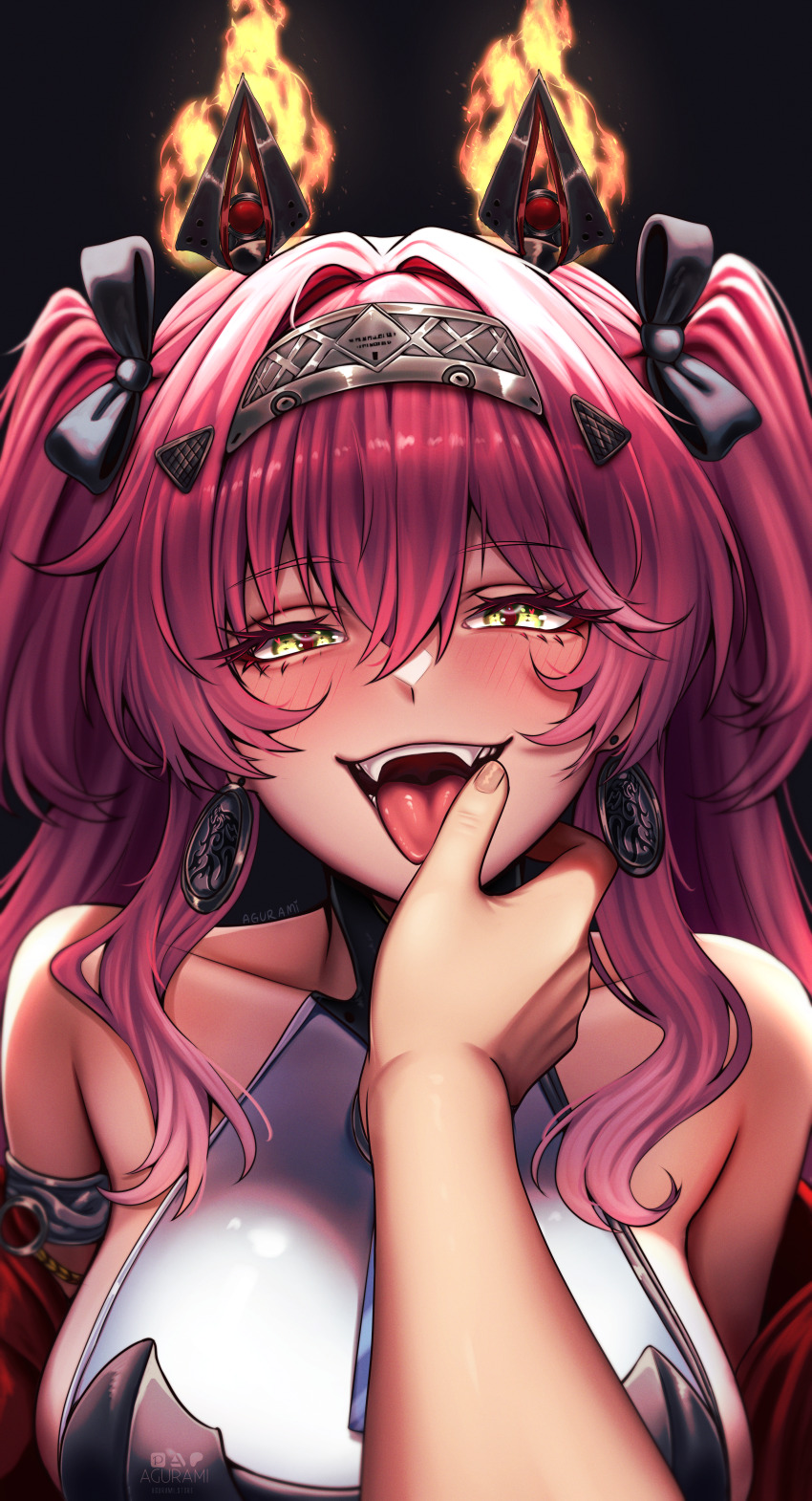 1girl 1other absurdres agurami armlet artist_name bare_shoulders black_background black_bow blush bow breasts commentary earrings english_commentary hair_between_eyes hair_bow hair_ornament hairband hand_on_another&#039;s_chin highres jewelry large_breasts long_hair looking_at_viewer lupa_(wuthering_waves) mechanical_ears metal_hairband multiple_hair_bows open_mouth pink_hair pov pov_hands red_sash sash signature smile teeth tongue tongue_out upper_body wuthering_waves yellow_eyes
