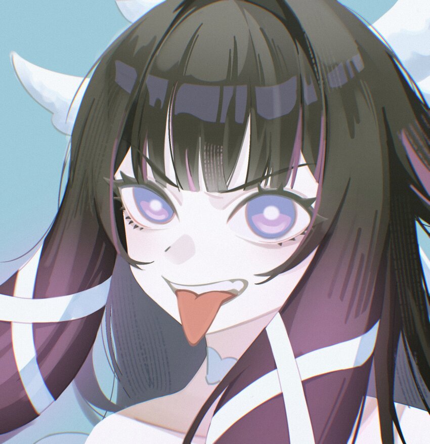 1girl big_itachi black_hair columbina_(genshin_impact) genshin_impact gradient_hair hair_ornament head_wings highres long_hair looking_at_viewer multicolored_hair purple_eyes purple_hair solo tongue tongue_out very_long_hair wings