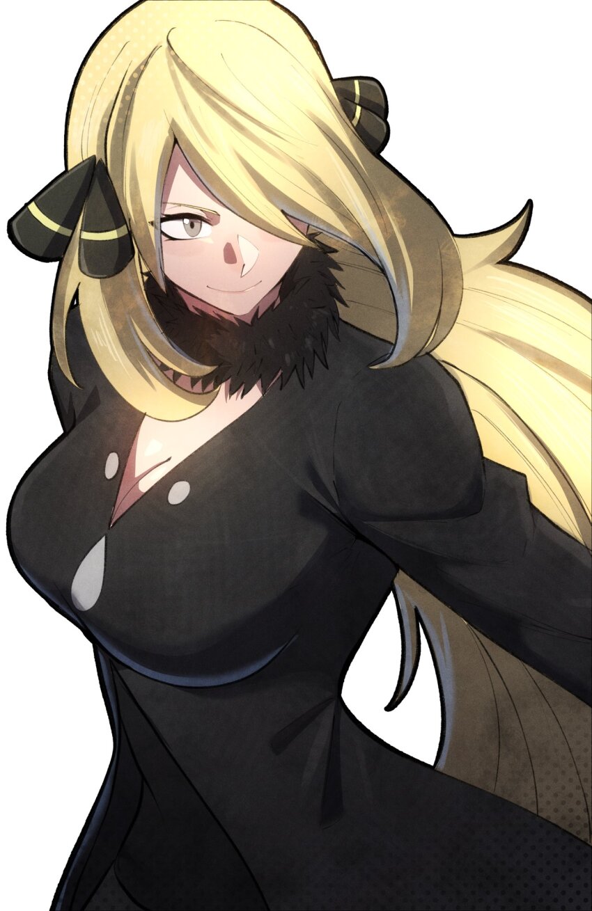 1girl black_coat blonde_hair breasts cleavage closed_mouth coat cynthia_(pokemon) fur_collar hair_ornament hair_over_one_eye highres large_breasts long_hair long_sleeves looking_to_the_side nintendo pokemon pokemon_dppt smile solo thatamaan very_long_hair white_background