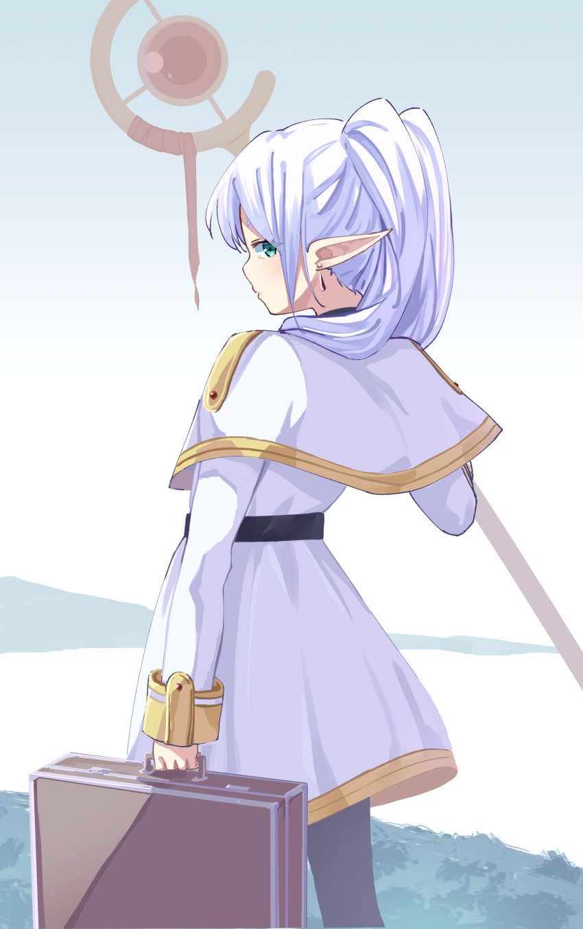 1girl 53c_(ray_cordova) absurdres black_pantyhose capelet commentary dress earrings elf frieren from_behind green_eyes hair_over_shoulder highres holding jewelry long_hair long_sleeves looking_at_viewer looking_back orb pantyhose pointy_ears sleeves_past_wrists solo sousou_no_frieren staff standing suitcase twintails white_capelet white_dress white_hair