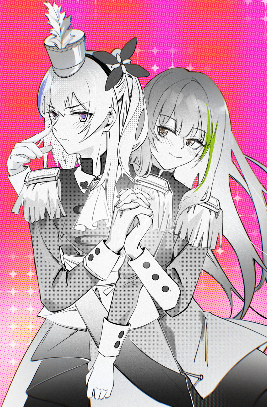 2girls absurdres blush closed_mouth dsp0355 feet_out_of_frame finger_to_own_nose flower girls&#039;_frontline grey_eyes greyscale greyscale_with_colored_background hair_flower hair_ornament hat highres holding_hands long_hair looking_at_another looking_at_viewer m4a1_(girls&#039;_frontline) marching_band mini_hat monochrome multicolored_hair multiple_girls pink_background purple_eyes simple_background smile st_ar-15_(girls&#039;_frontline) standing
