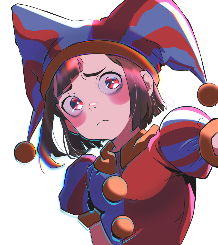 1girl absurdres blue_bodysuit bodysuit brown_hair cosplay desperation gloves hat hat_bell highres jester jester_cap jester_costume multicolored_eyes multicolored_headwear non-web_source pomni_(the_amazing_digital_circus) pomni_(the_amazing_digital_circus)_(cosplay) striped_clothes striped_headwear the_amazing_digital_circus two-tone_eyes vertical-striped_bodysuit vertical-striped_clothes vertical-striped_headwear