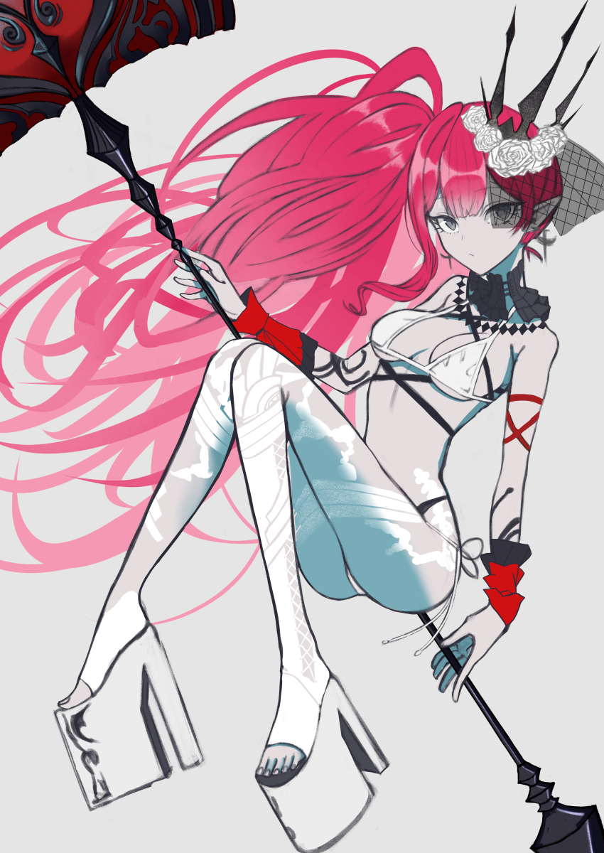 1girl absurdres artist_request ass bad_id bad_pixiv_id baobhan_sith_(fate) baobhan_sith_(swimsuit_pretender)_(fate) baobhan_sith_(swimsuit_pretender)_(third_ascension)_(fate) breasts detached_collar earrings fate/grand_order fate_(series) flower full_body grey_eyes hair_flower hair_ornament hammer highres holding holding_hammer jewelry knees_up long_hair looking_at_viewer pink_hair pixiv_17623784 platform_heels pointy_ears side_ponytail solo tiara veil white_background white_flower wrist_cuffs