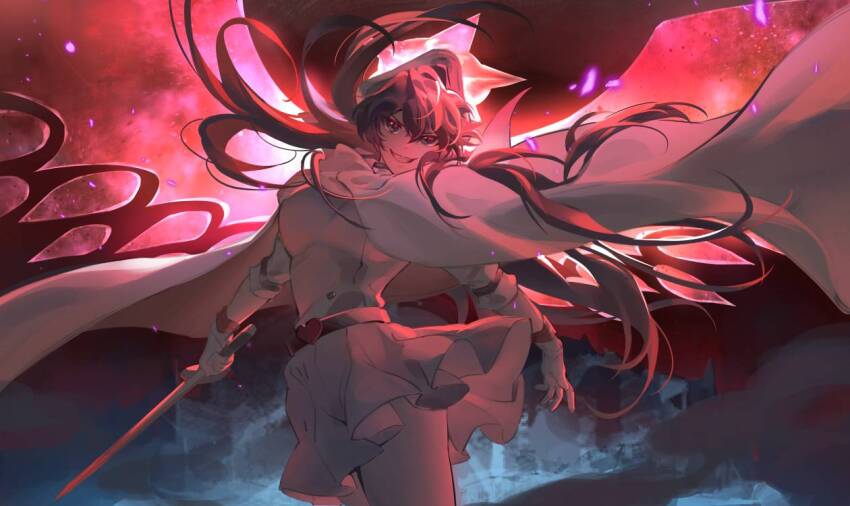 1girl :d a-pose bambietta_basterbine black_hair bleach bleach:_sennen_kessen-hen breasts cape commentary cowboy_shot deadman70232800 energy_wings evil_grin evil_smile fighting_stance floating_cape floating_hair gloves glowing glowing_halo grin hair_between_eyes halo hat holding holding_sword holding_weapon jacket jpeg_artifacts light_particles long_hair long_sleeves looking_at_viewer medium_breasts military_hat miniskirt open_mouth outdoors pleated_skirt red_halo red_sky skirt sky smile solo sternritter sword v-shaped_eyebrows weapon white_cape white_gloves white_jacket white_skirt