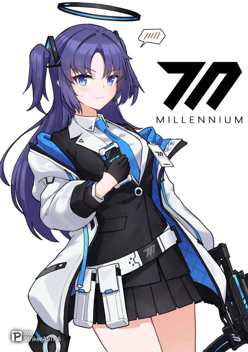 1girl absurdres ammunition_pouch artist_name belt belt_pouch black_gloves black_jacket black_skirt blue_archive blue_eyes blue_necktie blush breasts character_name closed_mouth collared_shirt formal_clothes gloves gun half_gloves halo highres holding holding_gun holding_weapon id_card jacket long_hair long_sleeves looking_at_viewer mechanical_halo necktie open_clothes open_jacket pleated_skirt pouch purple_eyes purple_hair rifle sherman_(egnk2525) shirt sig_sauer simple_background skirt solo spoken_blush submachine_gun suit two-sided_fabric two_side_up weapon white_background white_belt white_jacket white_shirt yuuka_(blue_archive)