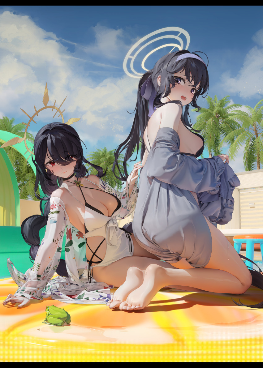 2girls absurdres bare_shoulders bikini black_bikini black_hair blue_archive blush closed_mouth dingding_(chongsangjun) floral_print grey_shirt hair_over_one_eye hairband highres hinata_(blue_archive) hinata_(swimsuit)_(blue_archive) kneeling long_hair looking_at_viewer multiple_girls official_alternate_costume official_alternate_hairstyle one-piece_swimsuit open_mouth ponytail purple_hairband red_eyes shirt shirt_partially_removed sidelocks smile swimsuit ui_(blue_archive) ui_(swimsuit)_(blue_archive) white_one-piece_swimsuit white_shirt