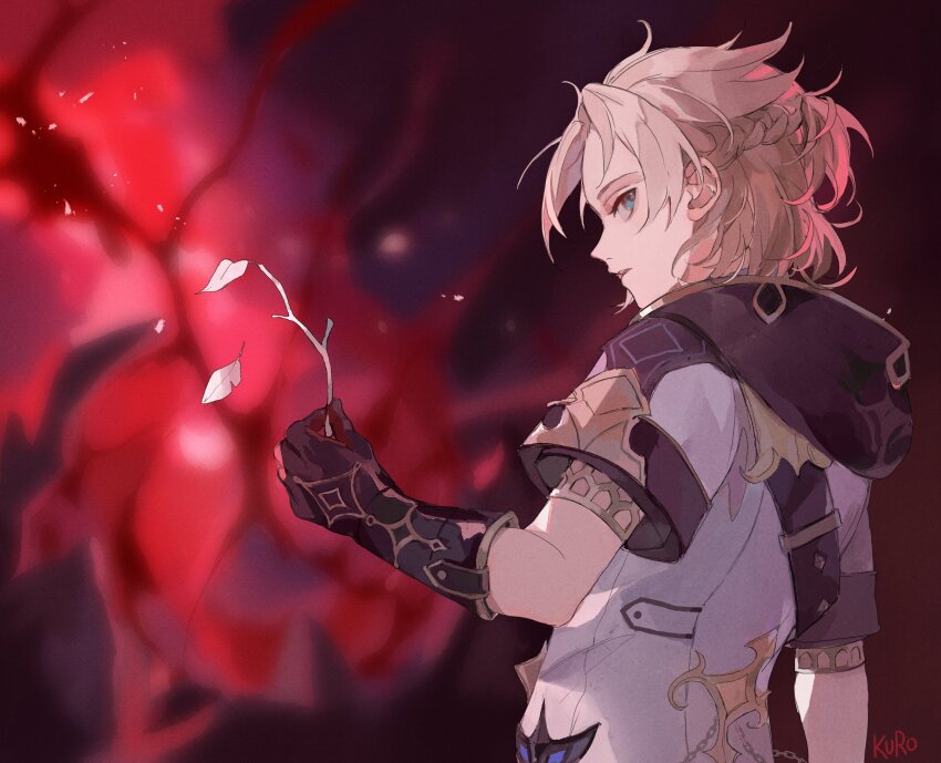 1boy albedo_(genshin_impact) artist_name back black_gloves blonde_hair blue_eyes blurry blurry_background braid branch from_behind genshin_impact gloves hair_between_eyes hand_up highres holding hood hoodie kamui_(kurohshiro1) leaf looking_at_viewer looking_back male_focus open_mouth short_hair short_sleeves solo teeth white_hoodie