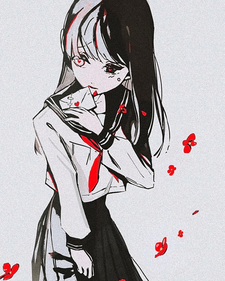 1girl alternate_body_fluid clothes_grab coughing_flowers cowboy_shot flower hand_up heart heart-shaped_pupils heterochromia highres holding holding_letter letter long_hair long_sleeves looking_at_another love_letter mitsubachi_(roundbee) monochrome neckerchief original pleated_skirt red_theme sad school_uniform serafuku shirt_overhang simple_background skirt solo spot_color symbol-shaped_pupils
