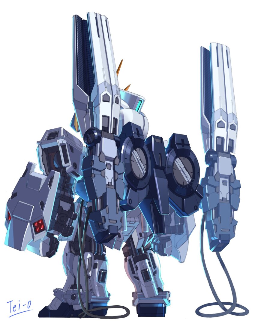arms_at_sides artist_name cable chibi clenched_hands commentary_request fin_funnels from_behind full_body gundam gundam_narrative highres mecha mecha_focus missile_pod mobile_suit narrative_gundam narrative_gundam_b-packs no_humans robot science_fiction sd_gundam simple_background solo standing tei-o white_background