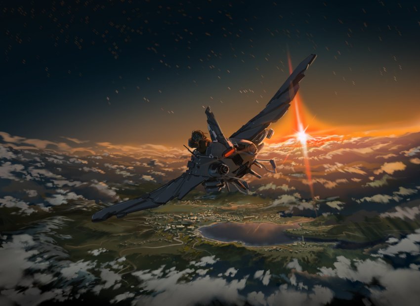 aircraft airship ashorz character_request cloud cloudy_sky copyright_request evening flying from_above from_behind gradient_sky highres horizon lake original outdoors pilot scenery ship sky sunset twilight vehicle_focus watercraft