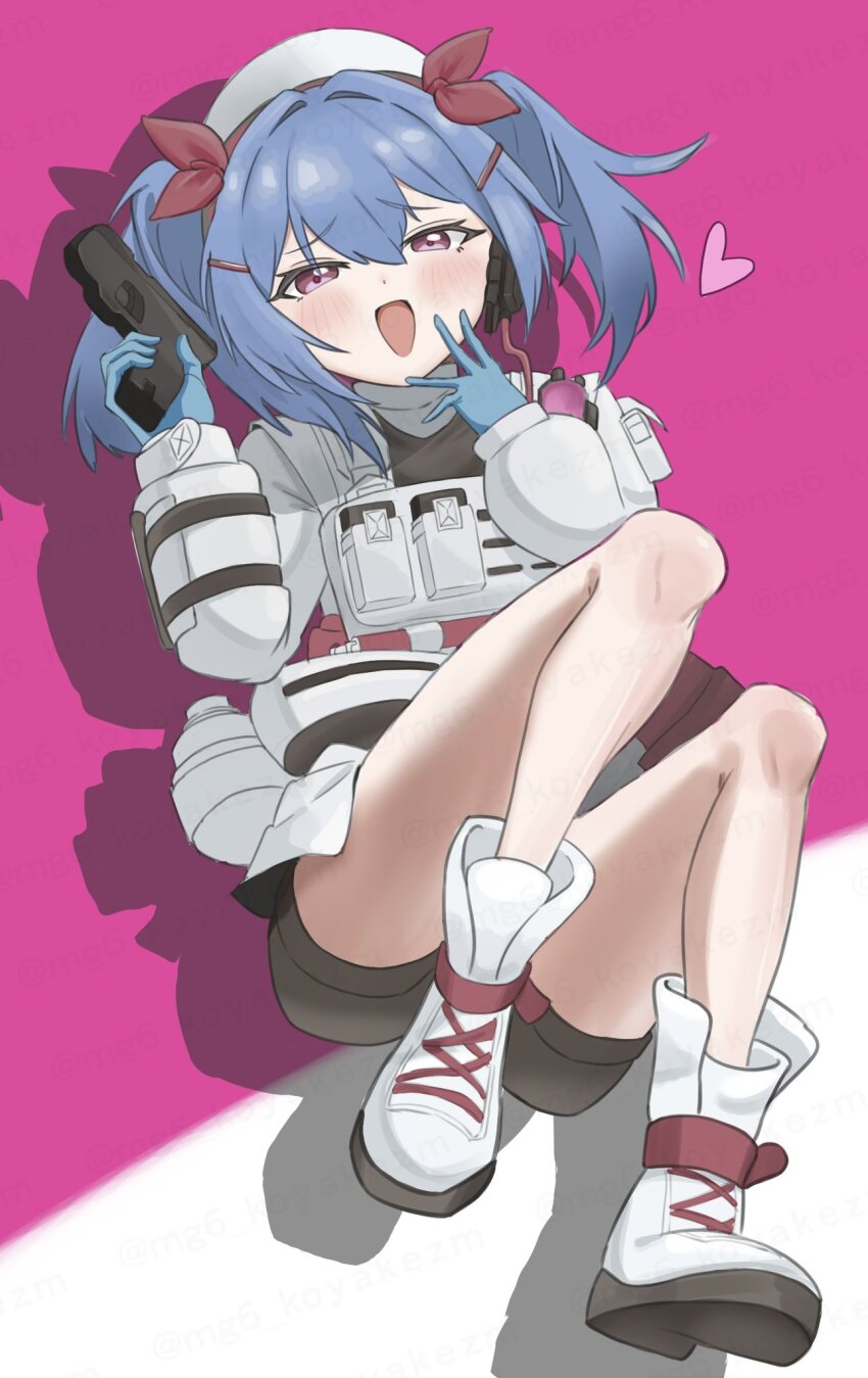 1girl black_shorts blue_gloves blue_hair blush boots bulletproof_vest colphne_(girls&#039;_frontline_2) full_body girls&#039;_frontline girls&#039;_frontline_2:_exilium gloves gun handgun headphones highres holding holding_gun holding_weapon lace-up_boots looking_at_viewer mg6_koyakezm open_mouth purple_background purple_eyes short_shorts shorts simple_background solo taurus_curve twintails two-tone_background vest weapon white_background white_boots white_vest