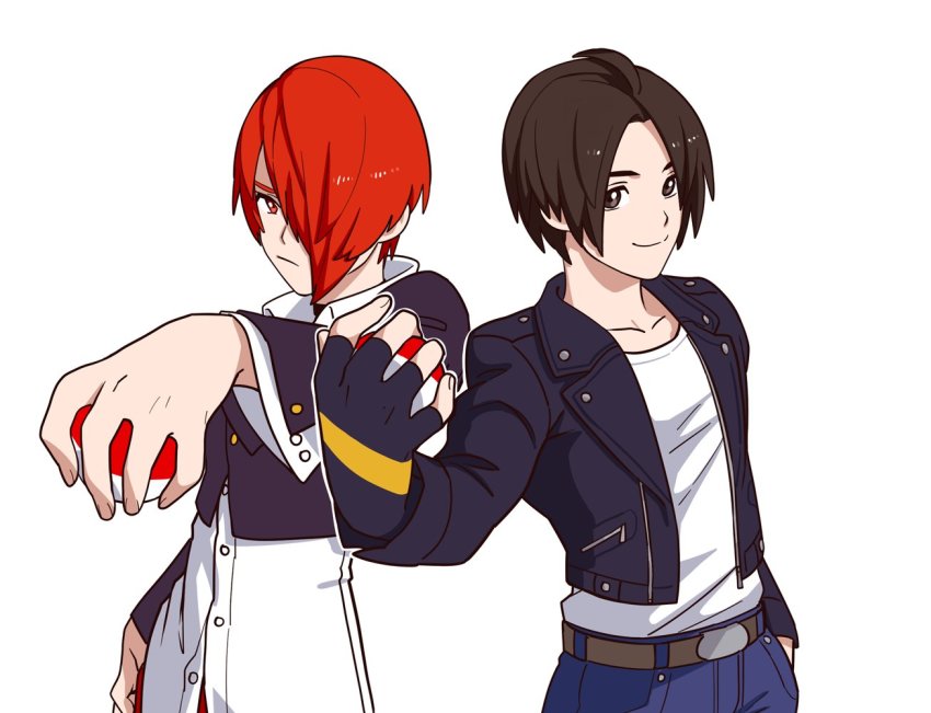 2boys brown_eyes brown_hair choker denim fingerless_gloves gloves hair_over_one_eye hand_in_pocket holding holding_poke_ball jacket jeans juu_satoshi kusanagi_kyou leather leather_jacket male_focus multiple_boys nintendo pants parody parted_bangs poke_ball poke_ball_(basic) pokemon red_hair style_parody the_king_of_fighters the_king_of_fighters_2003 yagami_iori