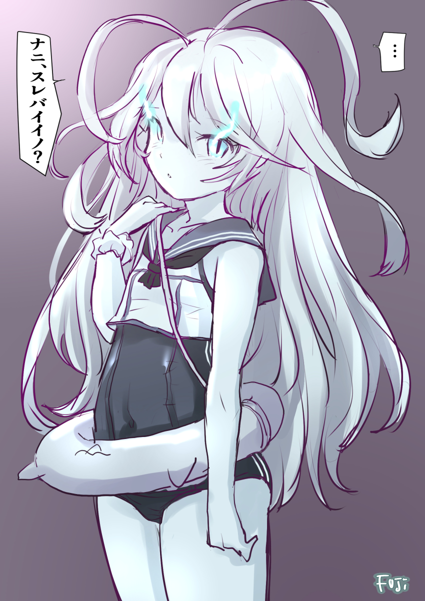 1girl abyssal_ship black_neckerchief black_one-piece_swimsuit blue_eyes colored_skin cosplay cowboy_shot crop_top enemy_lifebuoy_(kancolle) fuji_(pixiv24804665) glowing glowing_eyes gradient_background grey_background grey_sailor_collar highres innertube kantai_collection long_hair neckerchief new_submarine_princess one-piece_swimsuit ro-500_(kancolle) ro-500_(kancolle)_(cosplay) sailor_collar school_swimsuit shirt sleeveless sleeveless_shirt solo swim_ring swimsuit white_hair white_skin
