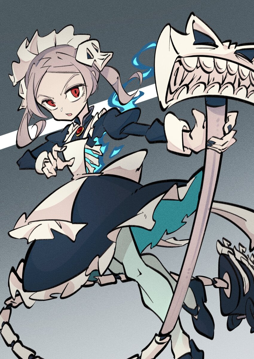 1girl absurdres apron bloody_marie_(skullgirls) brooch dress energy fire frilled_apron frilled_dress frills full_body grey_background grey_hair hair_ornament highres jewelry looking_at_viewer maid_headdress mary_janes onozawa_(buresu21) pantyhose red_eyes ribs shoes skeleton skull_hair_ornament skullgirls solo twintails