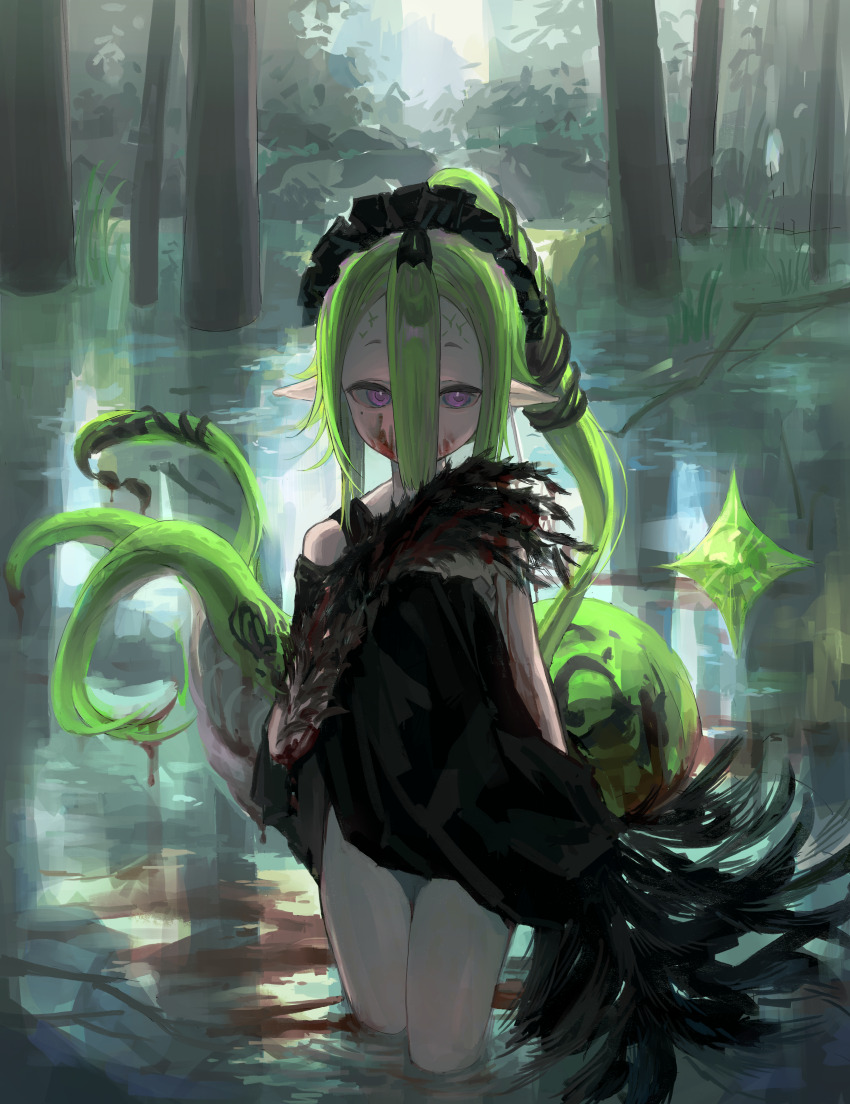 1girl absurdres black_dress black_headdress blood blood_in_water blood_on_face blood_on_hands body_fur character_request copyright_request day dress grass green_hair hair_between_eyes highres lake long_bangs long_hair looking_at_viewer mole mole_under_eye monster_girl monster_hands outdoors purple_eyes reflection reflective_water solo tail tree wading water zhenkongbunengchuansheng