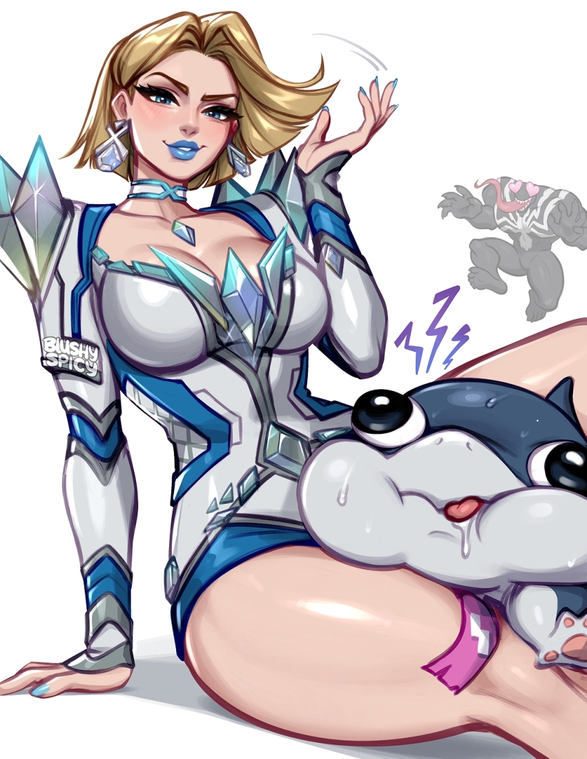 1boy 1girl between_thighs blonde_hair blue_eyes blue_lips blushyspicy breasts cleavage earrings emma_frost fins fish_tail hair_flip head_between_thighs highres jeff_(marvel) jewelry large_breasts lipstick long_tongue looking_at_viewer makeup marvel marvel_rivals muscular muscular_male open_mouth shark sharp_teeth short_hair smile superhero_costume symbiote tail teeth thick_thighs thighs tongue tongue_out venom_(marvel) x-men