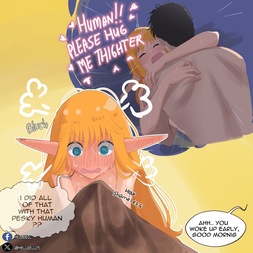 1boy 1girl absurdres blonde_hair blush borrowed_character ear_blush elf elf_(merrivius) elf_comic english_text full-face_blush hellbell highres hug human_(merrivius) implied_sex long_hair nude pointy_ears remembering sweat very_long_hair