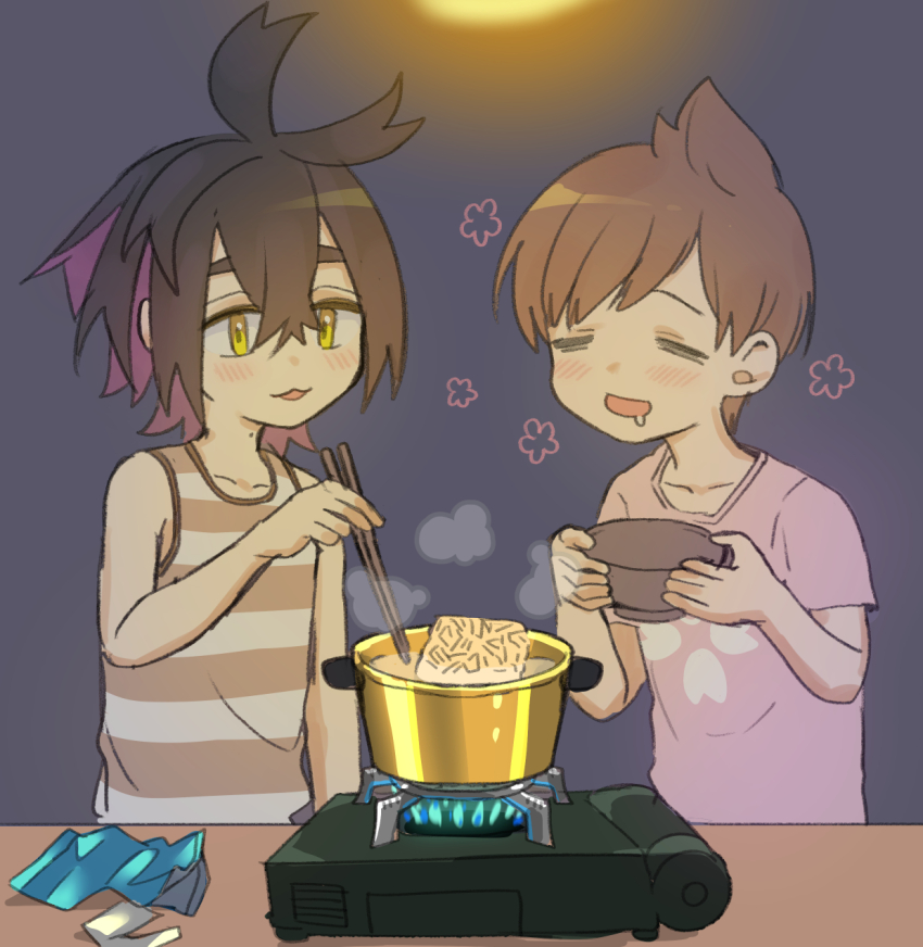 2boys black_hair blush bowl brown_hair chopsticks closed_eyes commentary cooking cooking_pot crossed_bangs florian_(pokemon) food hair_between_eyes highres holding holding_bowl holding_chopsticks instant_ramen kieran_(pokemon) male_focus mole mole_on_neck multiple_boys nintendo noodles open_mouth pack_noodles parted_lips pink_shirt pokemon pokemon_sv portable_stove purple_hair riko990248 saliva shirt simple_background steam striped_tank_top symbol-only_commentary tank_top upper_body yellow_eyes