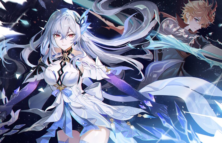 1boy 1girl absurdres black_shorts body_markings breasts brown_hair commentary dress dual_wielding earrings english_commentary fractalmagnolia genshin_impact grey_hair grey_jacket hair_between_eyes hair_ornament highres holding holding_sword holding_weapon jacket jewelry long_hair looking_at_viewer mask mask_on_head medium_breasts prosthesis red_eyes short_hair shorts skirk_(genshin_impact) sword tartaglia_(genshin_impact) thighs very_long_hair weapon white_dress