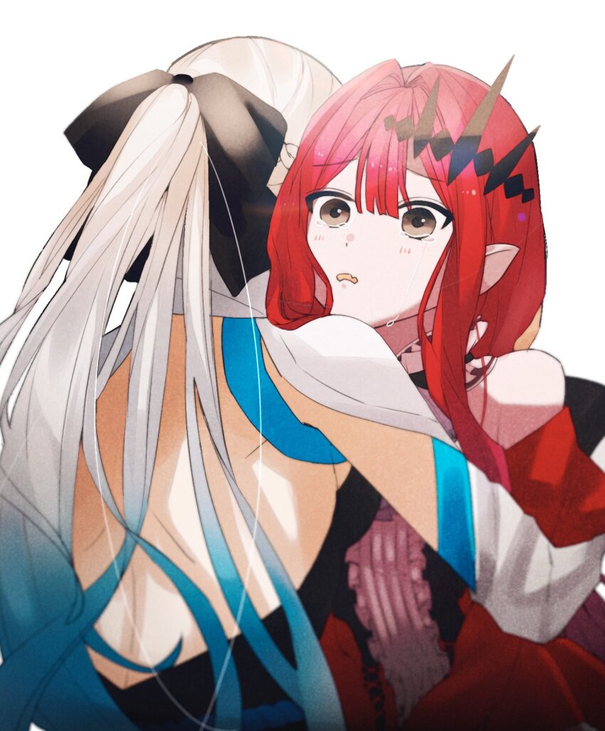 2girls baobhan_sith_(fate) baobhan_sith_(first_ascension)_(fate) black_bow bow braid brown_eyes euhage73 fate/grand_order fate_(series) hair_between_eyes hair_bow half_up_braid highres long_hair morgan_le_fay_(fate) morgan_le_fay_(first_ascension)_(fate) mother_and_daughter multiple_girls pointy_ears ponytail red_hair simple_background tears white_hair
