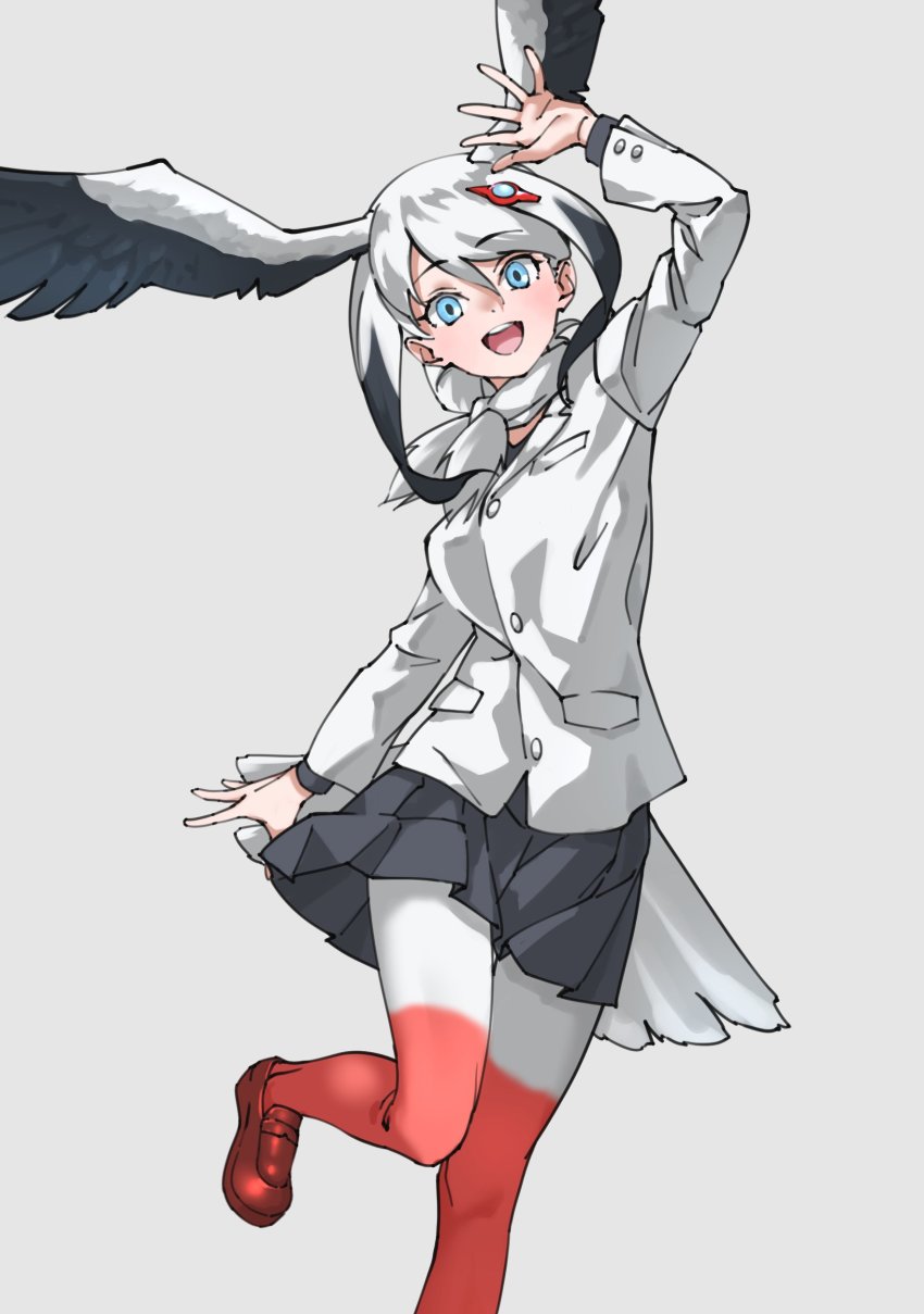 1girl :d absurdres arm_up bird_tail black_hair black_skirt blue_eyes commentary grey_background hair_ornament hairclip head_wings highres jacket kemono_friends long_sleeves looking_at_viewer open_mouth oriental_stork_(kemono_friends) pantyhose pleated_skirt red_pantyhose red_shoes shoes short_hair sidelocks simple_background skirt smile solo tail tanabe_(fueisei) two-tone_legwear white_hair white_jacket white_pantyhose wings