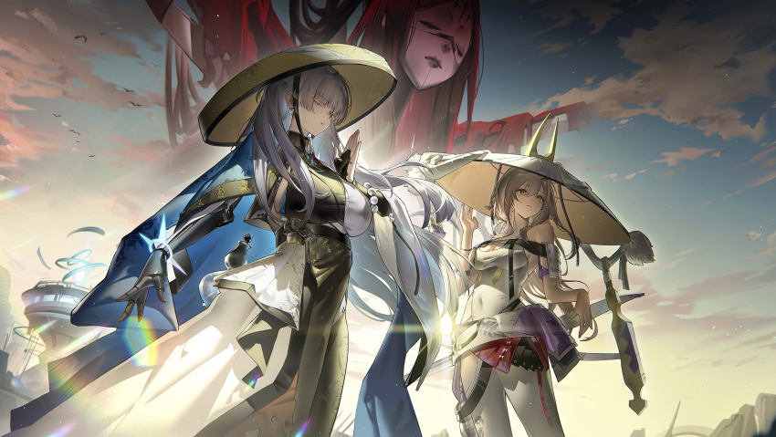 2girls absurdres bead_bracelet beads bracelet breasts colored_eyelashes goddess_of_victory:_nikke hat highres hisiya_(wldn1112) jewelry jingasa mechanical_arms monk multiple_girls nayuta_(nikke) rapture_queen_(nikke) scarlet_(nikke) single_mechanical_arm split-color_clothes thick_eyelashes unusually_open_eyes white_eyelashes