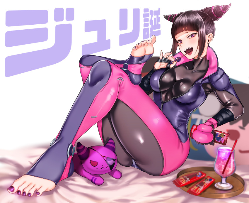 1girl :3 absurdres arm_wrap ass bed_sheet biker_clothes bikesuit black_hair blunt_bangs bodysuit breasts capcom character_doll chun-li collarbone crossed_legs cup doll drill_hair drink drinking_straw eating eye_(mememem) eyepatch feet fingerless_gloves food gloves han_juri highres huge_filesize looking_at_viewer medium_breasts nail_polish o-ring open_mouth partially_unzipped pillow pocky purple_eyes reclining sidelocks solo street_fighter street_fighter_v stuffed_toy teeth thighs toenail_polish toenails tray twin_drills umaibou white_background