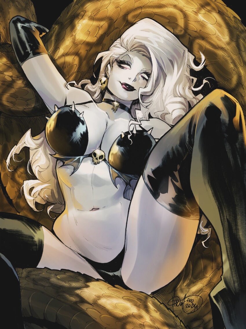 1girl artist_name black_boots black_bra black_choker black_gloves black_panties blank_eyes boots bra breasts choker colored_skin earrings elbow_gloves gloves highres jewelry lady_death lady_death_(character) large_breasts long_hair looking_at_viewer mirka_andolfo navel panties signature sitting skull_earrings snake solo thigh_boots underwear white_hair white_skin