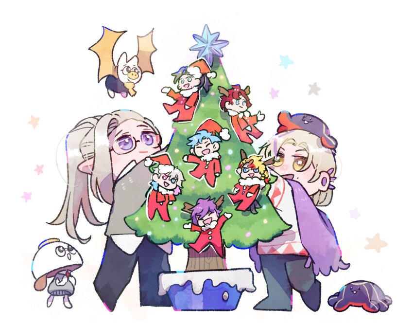 absurdres alternate_size animal animal_on_head antlers axel_syrios banzoin_hakka bat_(animal) beard_stubble black_hair blonde_hair blue_eyes blue_hair braid chibi christmas christmas_star christmas_tree closed_mouth cup decorating earrings facial_hair flying gavis_bettel glasses grey_hair grey_vest hanging_on_tree happy hat heterochromia highres holostars holostars_english holotempus horns jewelry josuiji_shinri licwiz_1103 looking_at_viewer machina_x_flayon magmite_(magni_dezmond) magni_dezmond mole mole_under_mouth multicolored_hair multiple_boys multiple_legs noir_vesper on_head open_mouth pink_eyes pink_hair ponytail purple_eyes purple_hair red_hair regis_altare reindeer_antlers santa_costume santa_hat scarf shawl side_braid smile star_(symbol) streaked_hair stubble teacup vest vestea_(noir_vesper) vesties_(noir_vesper) virtual_youtuber waving white_background yellow_eyes