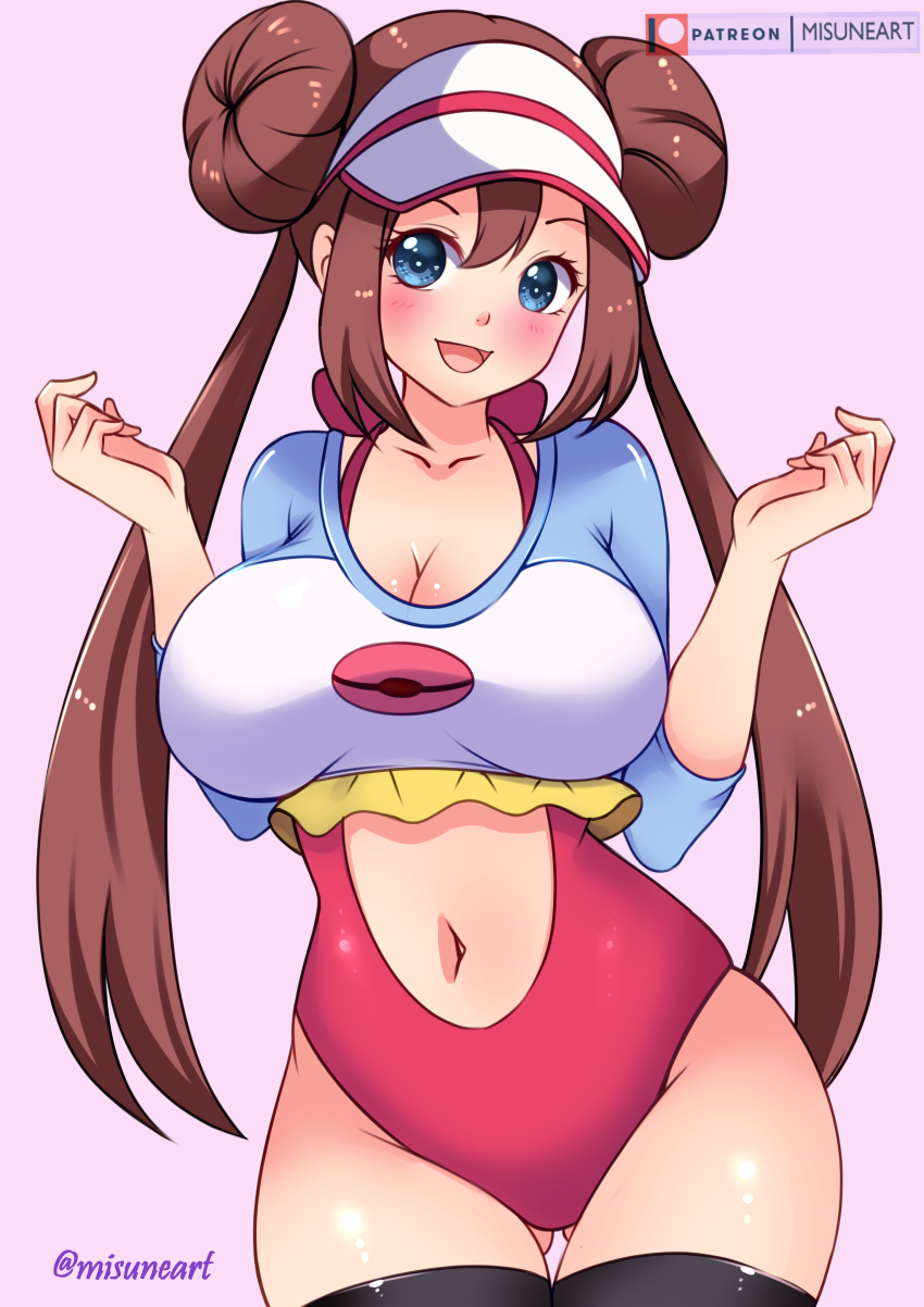 1girl absurdres black_thighhighs blue_eyes blue_shirt blush breasts brown_hair cleavage clothing_cutout collarbone creatures_(company) double_bun game_freak hair_bun hat highres large_breasts long_hair long_sleeves looking_at_viewer misune_art navel navel_cutout nintendo one-piece_swimsuit open_mouth poke_ball_print poke_ball_symbol pokemon pokemon_bw2 print_shirt purple_background raglan_sleeves red_one-piece_swimsuit rosa_(pokemon) shirt smile standing swimsuit swimsuit_under_clothes thighhighs twintails visor_cap white_hat