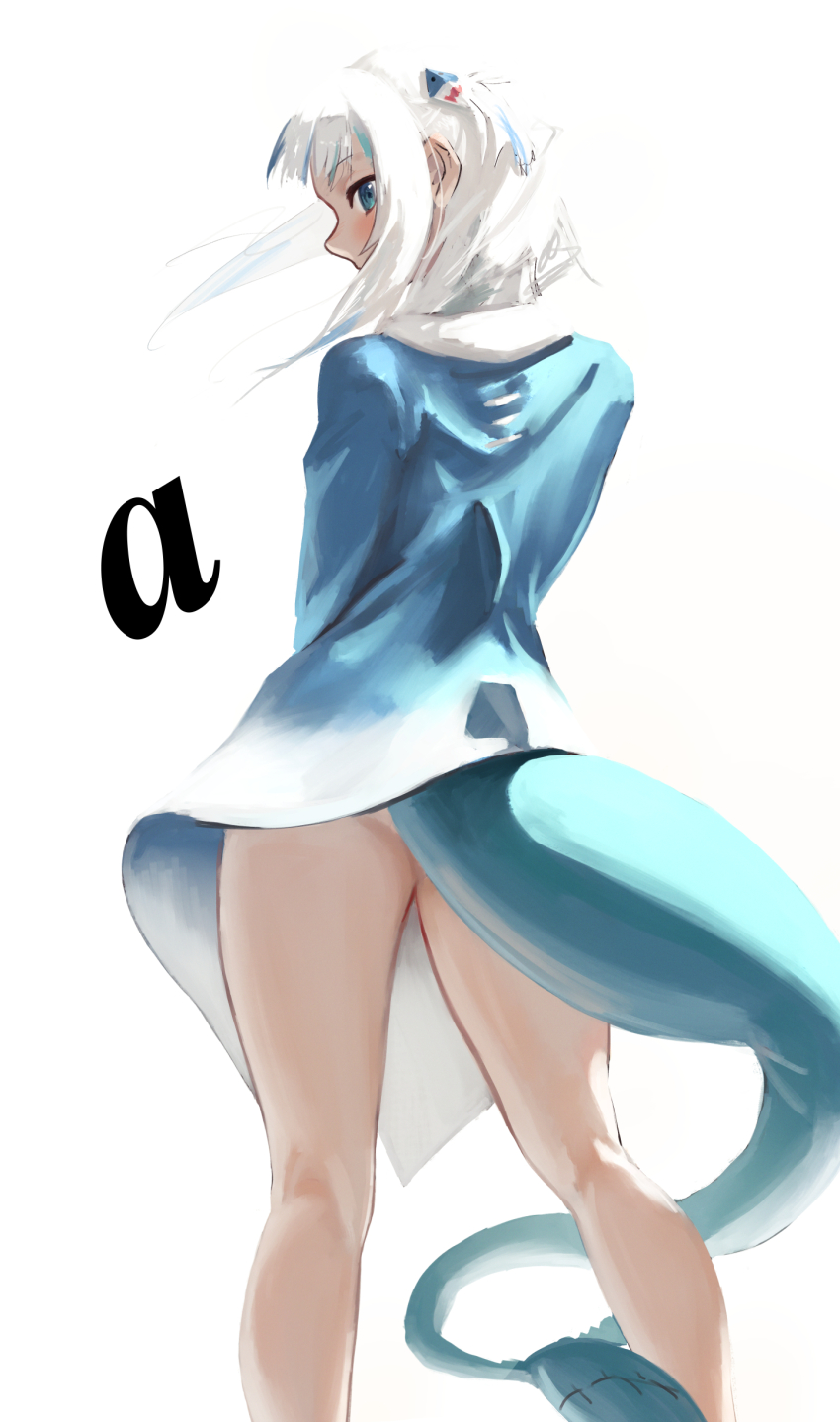 1girl a_(phrase) absurdres blue_eyes blue_hair blue_hoodie commentary covered_mouth feet_out_of_frame fins fish_tail floating_hair from_behind gawr_gura gawr_gura_(1st_costume) hair_ornament highres hololive hololive_english hood hoodie looking_at_viewer looking_back medium_hair multicolored_hair no_pants profile saku28364931 shark_girl shark_hair_ornament shark_tail simple_background solo standing streaked_hair tail virtual_youtuber white_background white_hair white_hood