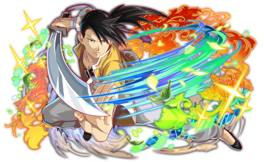 angry anime_coloring arm_wrap artist_request baggy_pants bandaged_arm bandages belt black_belt black_eyes black_footwear black_hair closed_mouth collarbone collared_jacket crash_fever cutlass dao_(weapon) eyelashes fingernails flame_print flats frown full_body fullmetal_alchemist game_cg grey_pants hexagon holding holding_sword holding_weapon honeycomb_(pattern) jacket leaf ling_yao long_hair low_ponytail machete mature_male narrowed_eyes no_shirt no_socks nose number_print numbered official_art official_style outline pants ponytail print_collar print_jacket print_sleeves red_outline saber_(weapon) serious slashing small_pupils solo sparkle square square_print sword tachi-e third-party_source topless_male transparent_background v-shaped_eyebrows weapon yellow_collar yellow_jacket yellow_sleeves