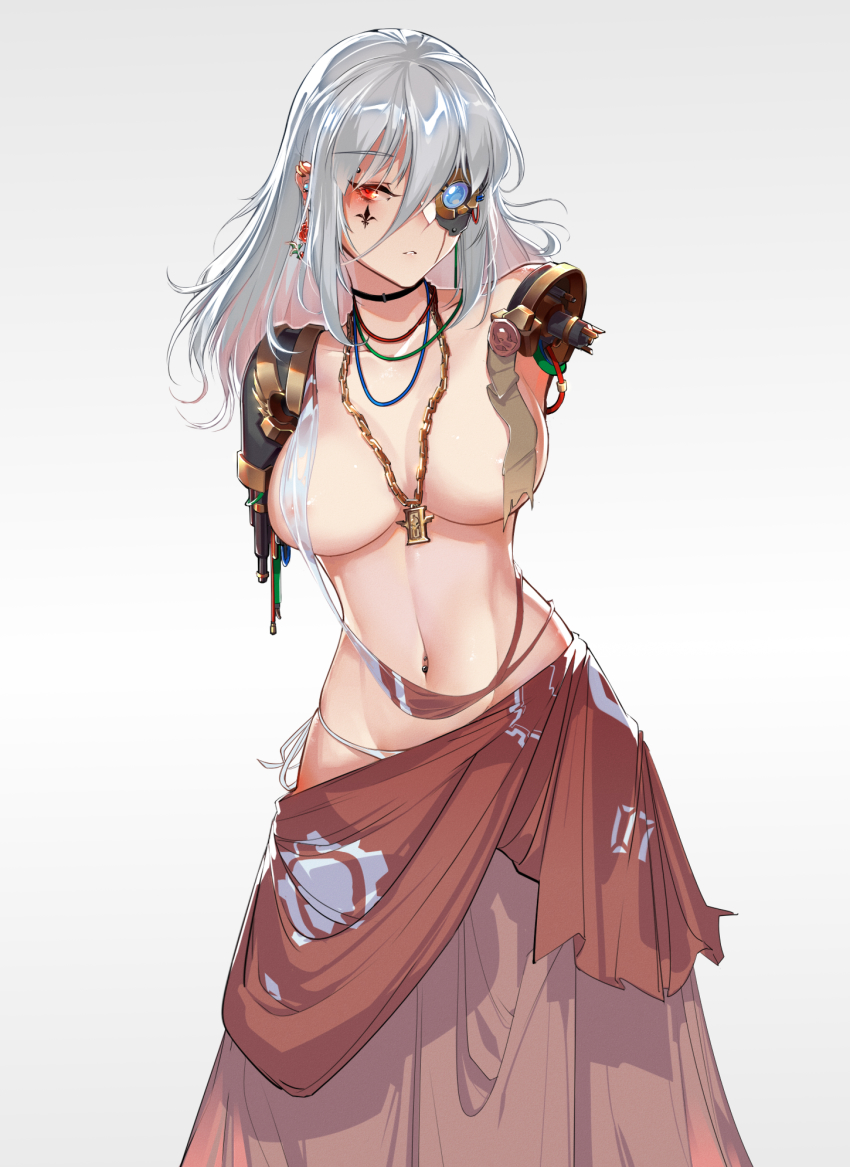 1girl adepta_sororitas amputee artificial_eye breasts cable choker cyborg damaged earrings fleur-de-lis gradient_background highres inquisition_(warhammer) jewelry large_breasts long_hair mechanical_eye navel necklace panties partially_visible_vulva purity_seal red_eyes see-through_clothes side-tie_panties slmsxiaodu solo tattoo torn_clothes underwear warhammer_40k white_hair
