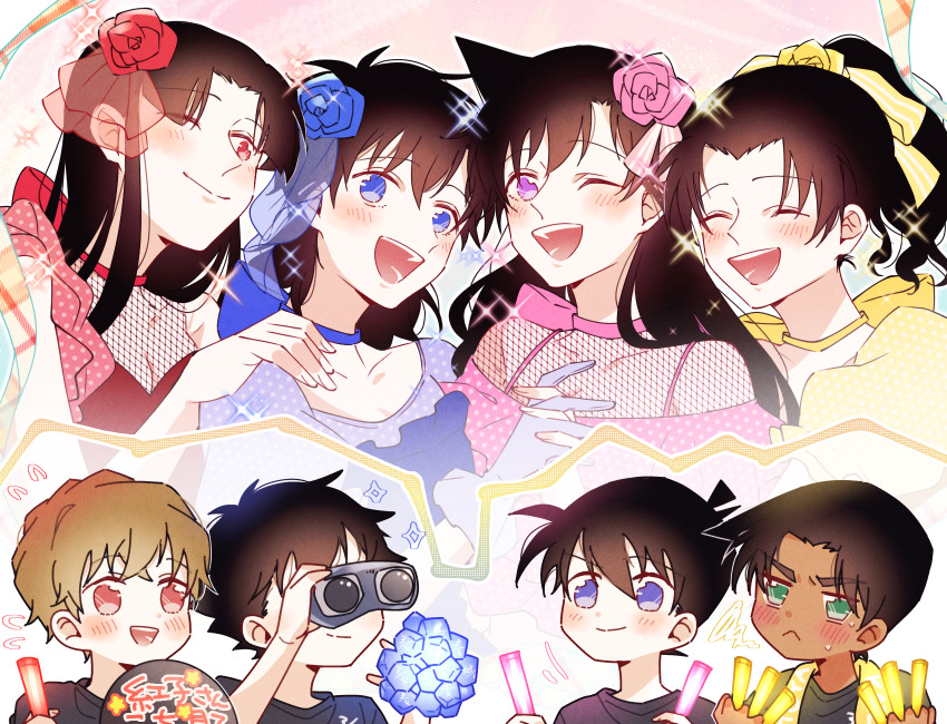 4boys 4girls binoculars blonde_hair blue_bow blue_choker blue_eyes blue_flower blue_rose bow breasts brown_hair choker cleavage closed_eyes commentary_request dark-skinned_male dark_skin fishnet_top fishnets flower flying_sweatdrops glowstick green_eyes hair_flower hair_ornament hakuba_saguru hand_on_another&#039;s_shoulder hattori_heiji highres holding holding_binoculars holding_glowstick holding_hands holding_sign idol koizumi_akako kudou_shin&#039;ichi kuroba_kaito long_hair looking_at_another magic_kaito meitantei_conan momomo35293 motion_lines mouri_ran multiple_boys multiple_girls nakamori_aoko one_eye_closed open_mouth parted_lips pink_bow pink_choker pink_flower pink_rose ponytail puffy_sleeves purple_eyes red_bow red_choker red_eyes red_flower red_rose rose short_hair side_part sign sparkle tooyama_kazuha yellow_bow yellow_choker yellow_flower yellow_rose
