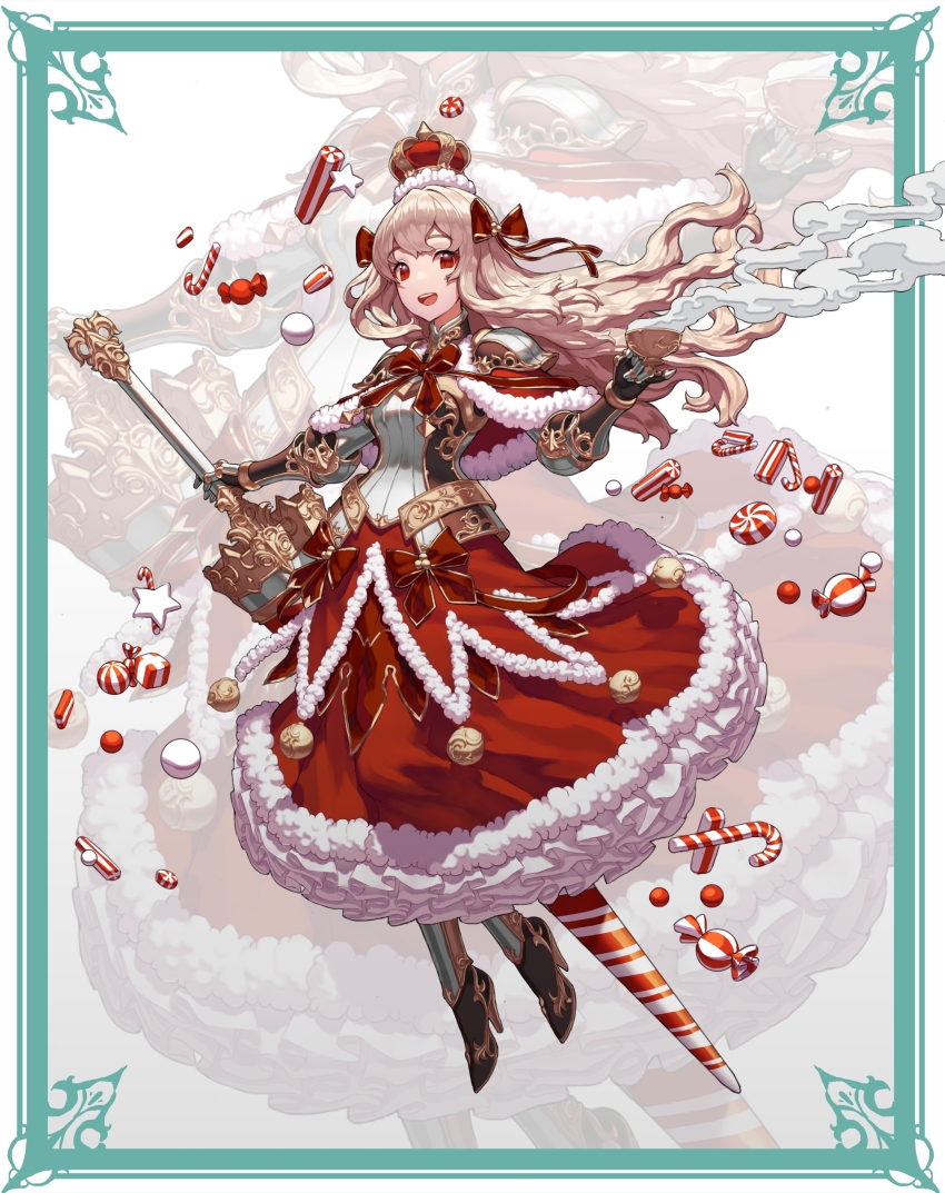 1girl :d absurdres armor armored_boots armored_corset bell blonde_hair boots candy candy_cane capelet christmas crown dress food fur_trim gauntlets hair_ribbon high_heel_boots high_heels highres holding holding_polearm holding_weapon jingle_bell lance long_hair looking_at_viewer mini_crown nrcgray open_mouth original polearm red_dress red_eyes reverse_grip ribbon shoulder_armor smile solo teeth upper_teeth_only very_long_hair weapon