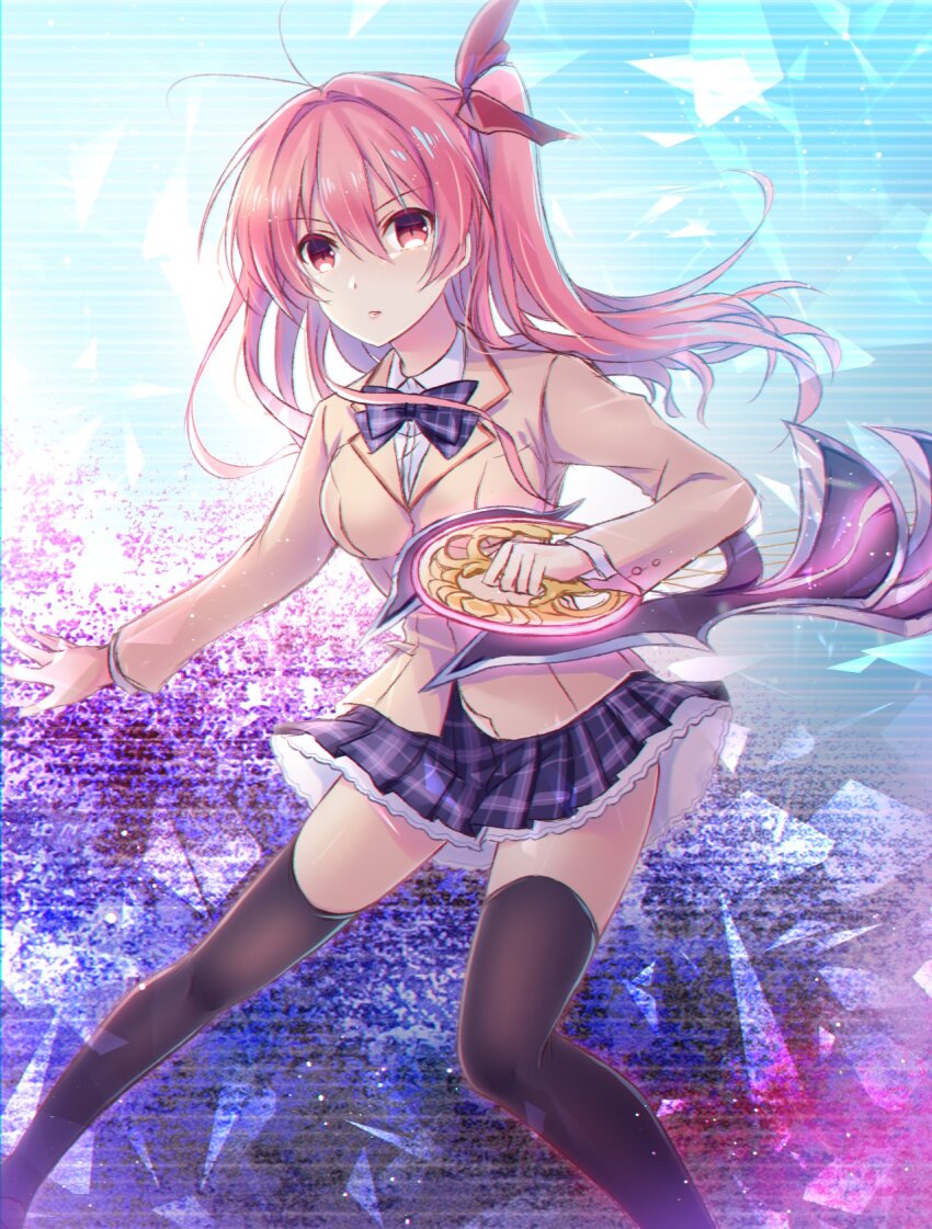 1girl antenna_hair black_thighhighs blazer blue_bow blue_bowtie blue_skirt bow bowtie chaos;head closed_mouth collared_shirt dress_shirt floating_hair hair_between_eyes hair_bow hair_intakes highres holding holding_weapon jacket layered_skirt long_hair long_sleeves miniskirt nishijou_myu pink_hair plaid_bow plaid_bowtie plaid_clothes plaid_skirt pleated_skirt red_bow red_eyes sakihata_rimi school_uniform shirt side_ponytail skirt solo thighhighs weapon white_shirt wing_collar zettai_ryouiki