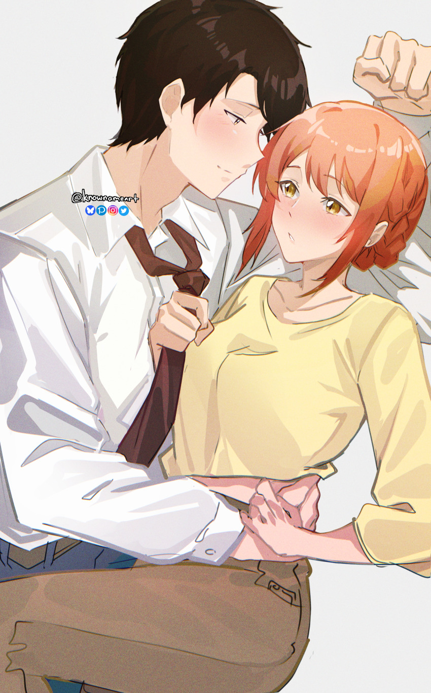 1boy 1girl absurdres artist_name black_hair blush braid brown_pants clothes_grab eye_contact hand_on_another&#039;s_hip hetero highres knowname kono_kaisha_ni_suki_na_hito_ga_imasu looking_at_another midriff mitsuya_yui necktie necktie_grab neckwear_grab orange_hair pants shirt smile tateishi_masugu white_shirt yellow_eyes yellow_shirt