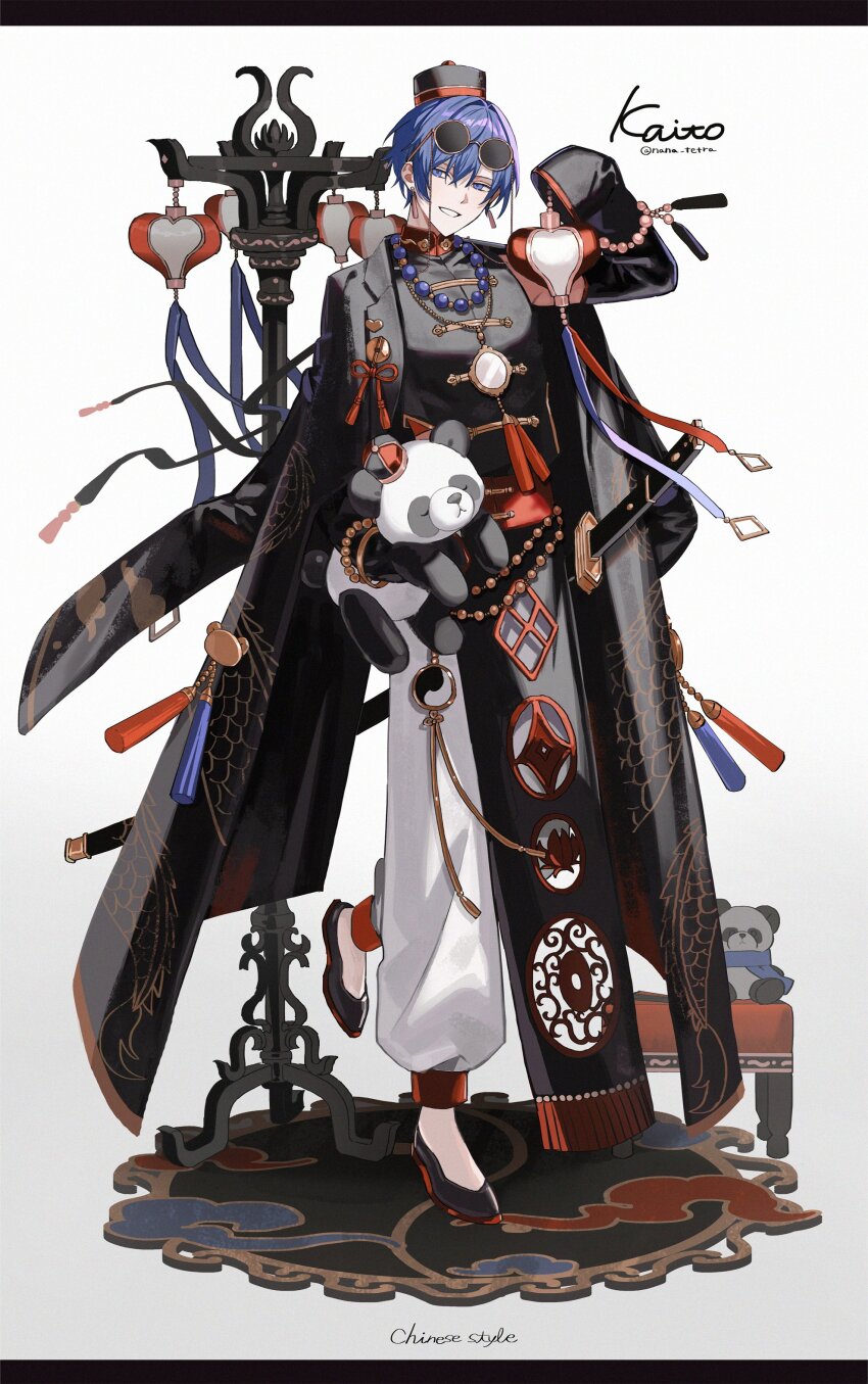 1boy absurdres black_border black_hat black_robe black_shoes black_vest blue_eyes blue_hair border bracelet character_name chinese_clothes commentary_request dragon_print earrings eyewear_on_head full_body hair_between_eyes hat highres holding holding_lantern jewelry kaito_(vocaloid) lantern looking_at_viewer male_focus nana_tetra necklace pants pearl_bracelet pearl_necklace puffy_pants robe shoes short_hair simple_background solo standing standing_on_one_leg stuffed_animal stuffed_panda stuffed_toy sword tassel tassel_earrings twitter_username very_long_sleeves vest vocaloid weapon white_background white_pants wide_sleeves
