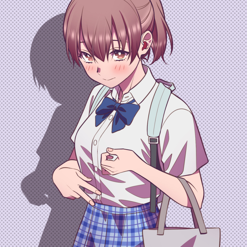1girl andrian_januar_adilia aqua_bag backpack bag blue_background blue_bow blue_bowtie blue_skirt blush bow bowtie bright_pupils brown_eyes brown_hair closed_mouth collared_shirt commentary_request deaf double-parted_bangs elbow_carry hair_between_eyes hand_up handbag hearing_aid highres indonesian_commentary koe_no_katachi light_smile looking_at_viewer nishimiya_shouko plaid_clothes plaid_skirt polka_dot polka_dot_background ponytail shirt short_sleeves sign_language skirt solo white_pupils white_shirt