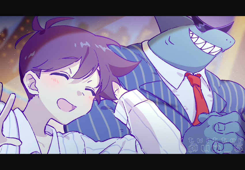 1boy ^_^ adjusting_hair arm_behind_head arm_up blush closed_eyes collarbone collared_shirt facing_away formal_clothes hero_(headspace)_(omori) hero_(omori) highres letterboxed long_sleeves mr._jawsum necktie omori open_mouth own_hands_clasped own_hands_together purple_hair red_necktie scene_reference shark_boy shirt short_hair smile suit sunglasses tendoshi twitter_username white_shirt