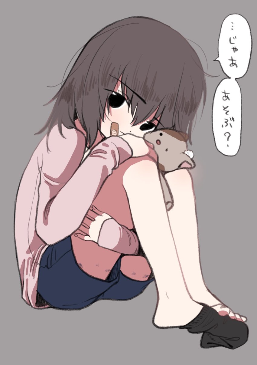1girl barefoot black_eyes black_hair blue_shorts child dirty feet female_focus grey_background highres holding holding_stuffed_toy hugging_own_legs long_sleeves looking_at_viewer medium_hair original piko_(pixiv) shorts simple_background single_sock sock_dangle socks solo stuffed_toy toes